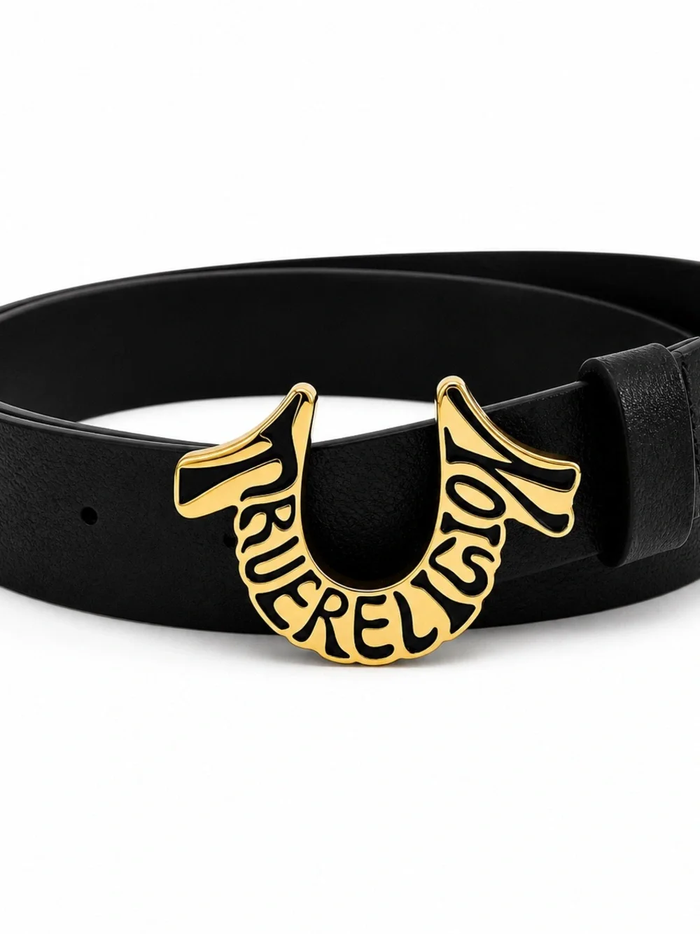 True Religion Black Leather Belt Sz 40 Men’s Gold Logo Buckle Horseshoe NWT